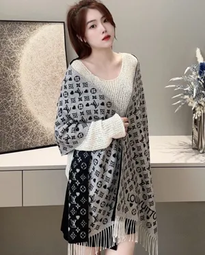 ルイヴィトン「エシャルプゲームオン」ブラック/ホワイト カシミアマフラー 45×195cm（MP2907）